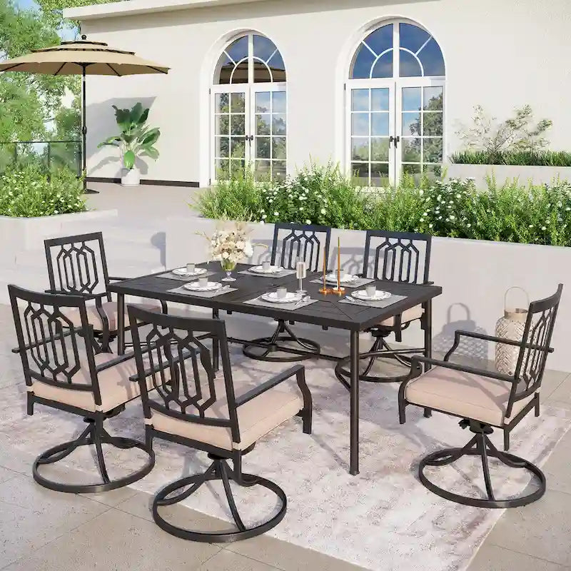 Ensemble de salle à manger d'extérieur MAISON ARTS 7 pièces, comprenant 6 chaises de salle à manger en acier et une table en métal avec trou pour parasol.
