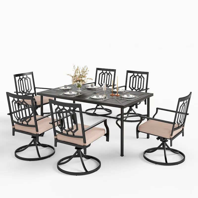 Ensemble de salle à manger d'extérieur MAISON ARTS 7 pièces, comprenant 6 chaises de salle à manger en acier et une table en métal avec trou pour parasol.
