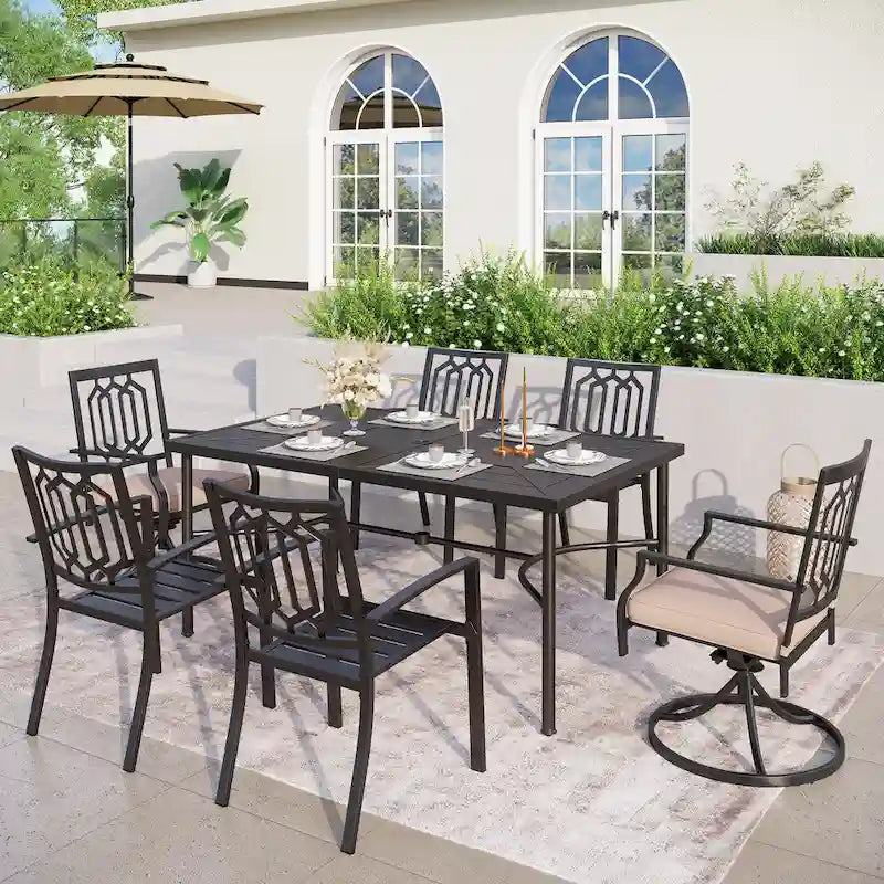 Ensemble de salle à manger d'extérieur MAISON ARTS 7 pièces, comprenant 6 chaises de salle à manger en acier et une table en métal avec trou pour parasol.