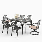 Ensemble de salle à manger d'extérieur MAISON ARTS 7 pièces, comprenant 6 chaises de salle à manger en acier et une table en métal avec trou pour parasol.