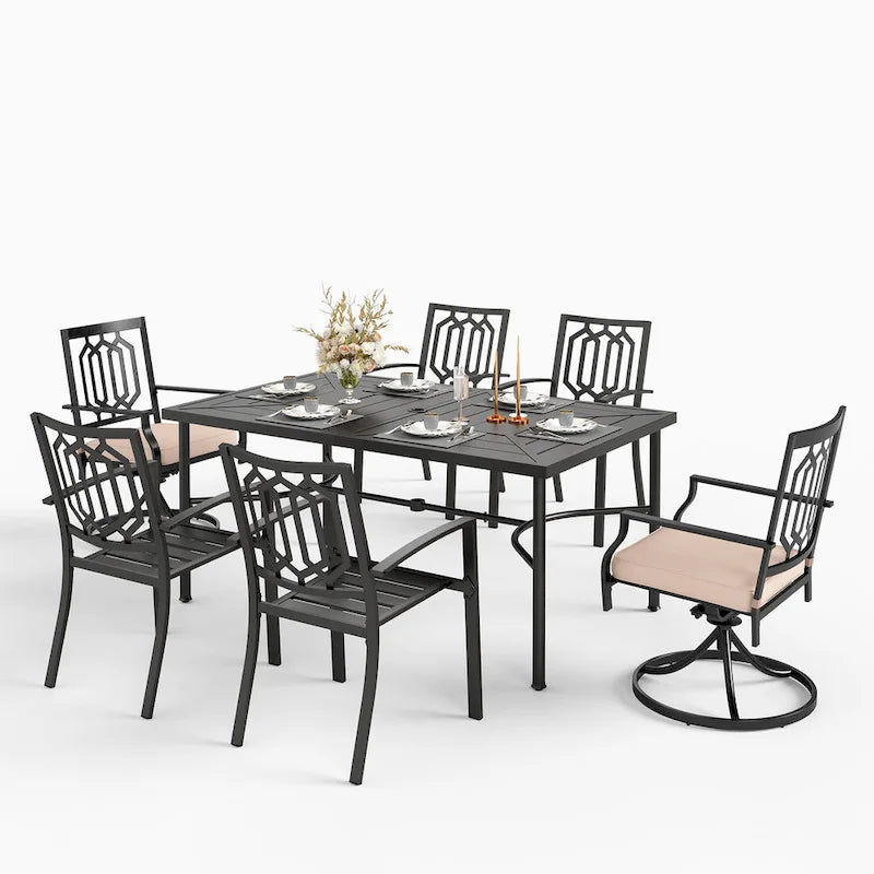 Ensemble de salle à manger d'extérieur MAISON ARTS 7 pièces, comprenant 6 chaises de salle à manger en acier et une table en métal avec trou pour parasol.