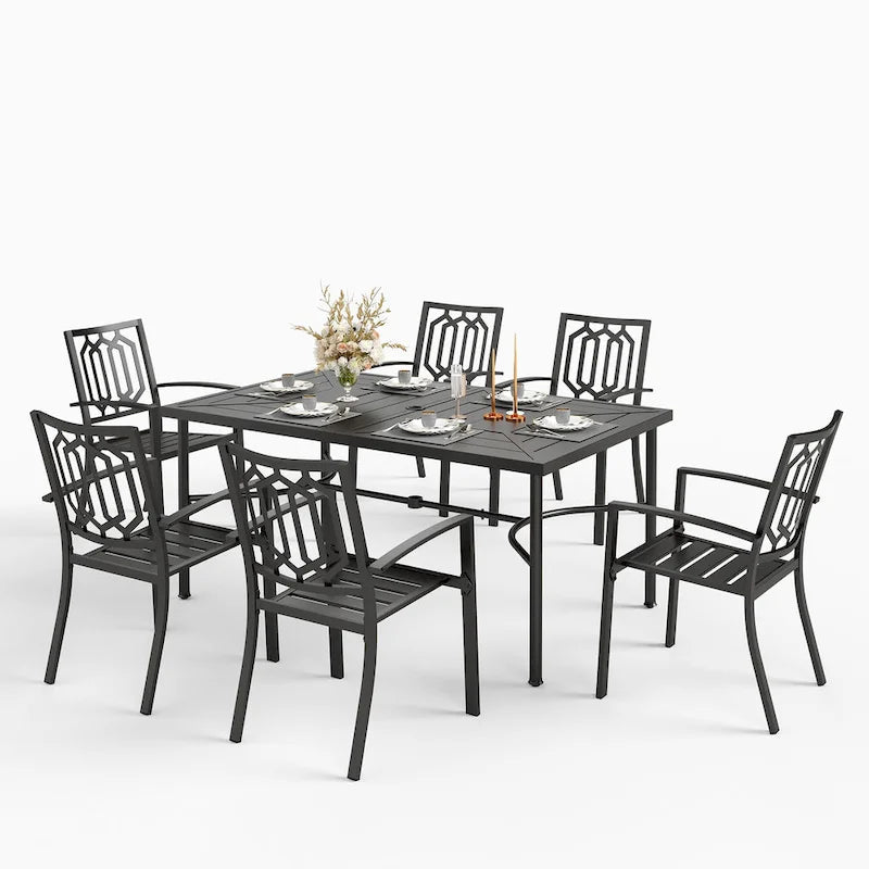 Ensemble de salle à manger d'extérieur MAISON ARTS 7 pièces, comprenant 6 chaises de salle à manger en acier et une table en métal avec trou pour parasol.