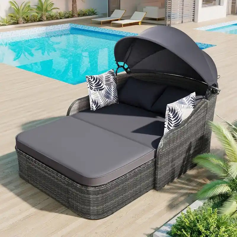 Bain de soleil double d'extérieur en rotin PE avec auvent réglable
