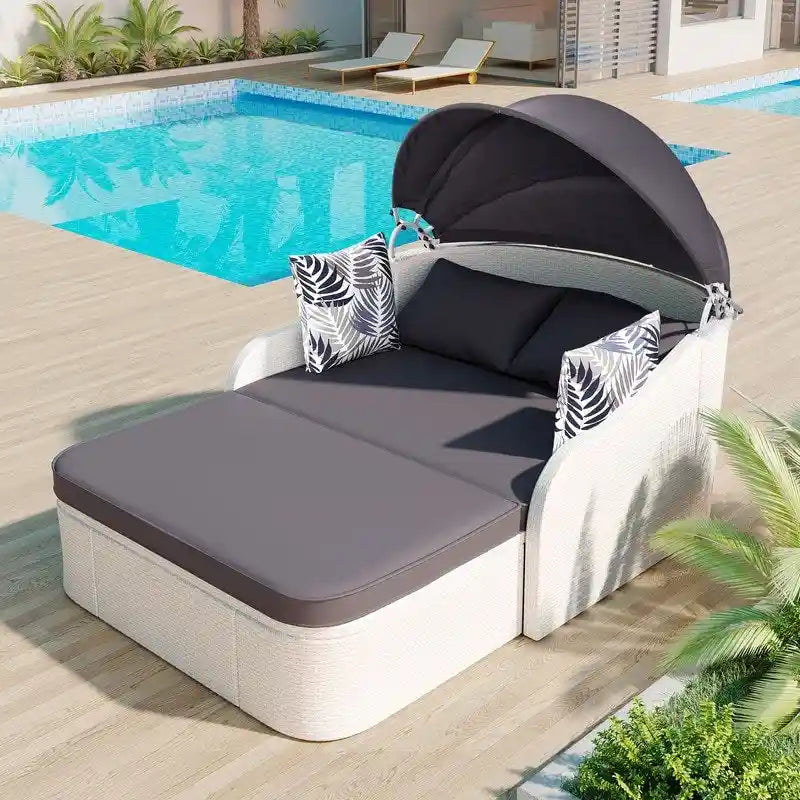 Bain de soleil double d'extérieur en rotin PE avec auvent réglable