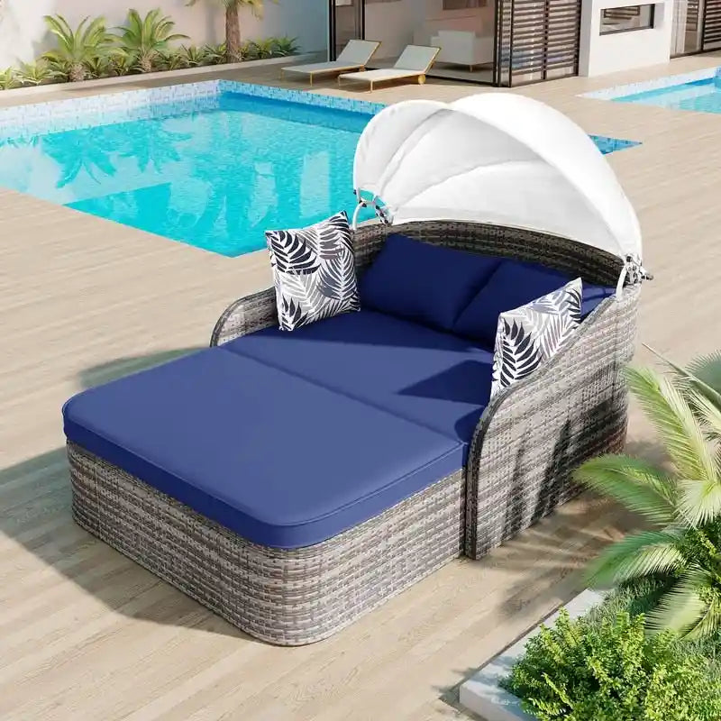 Bain de soleil double d'extérieur en rotin PE avec auvent réglable
