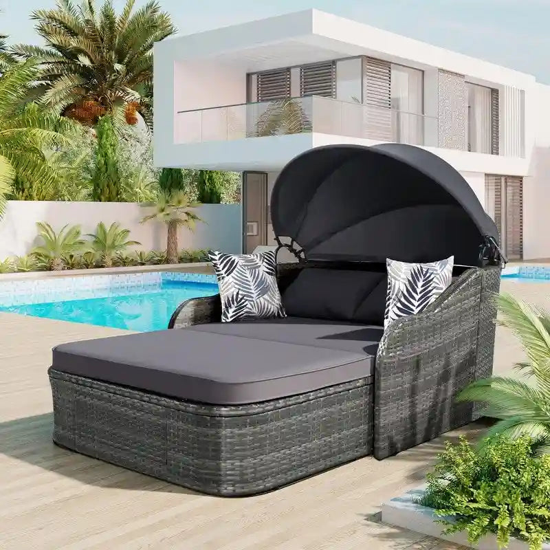 Bain de soleil double d'extérieur en rotin PE avec auvent réglable