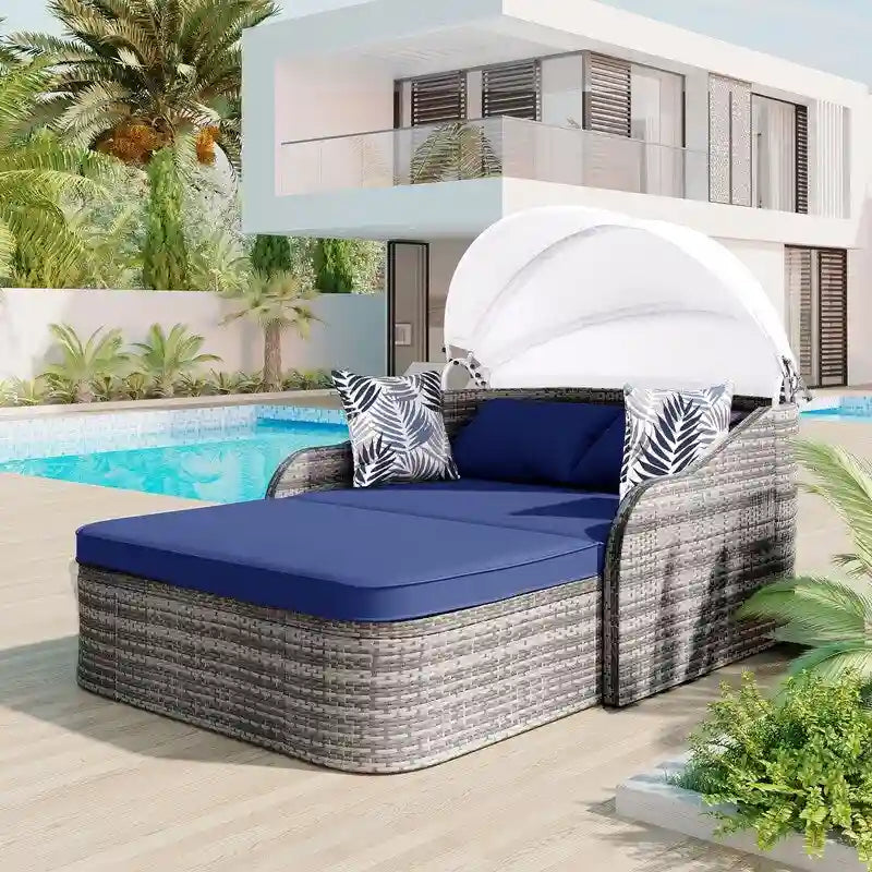 Bain de soleil double d'extérieur en rotin PE avec auvent réglable