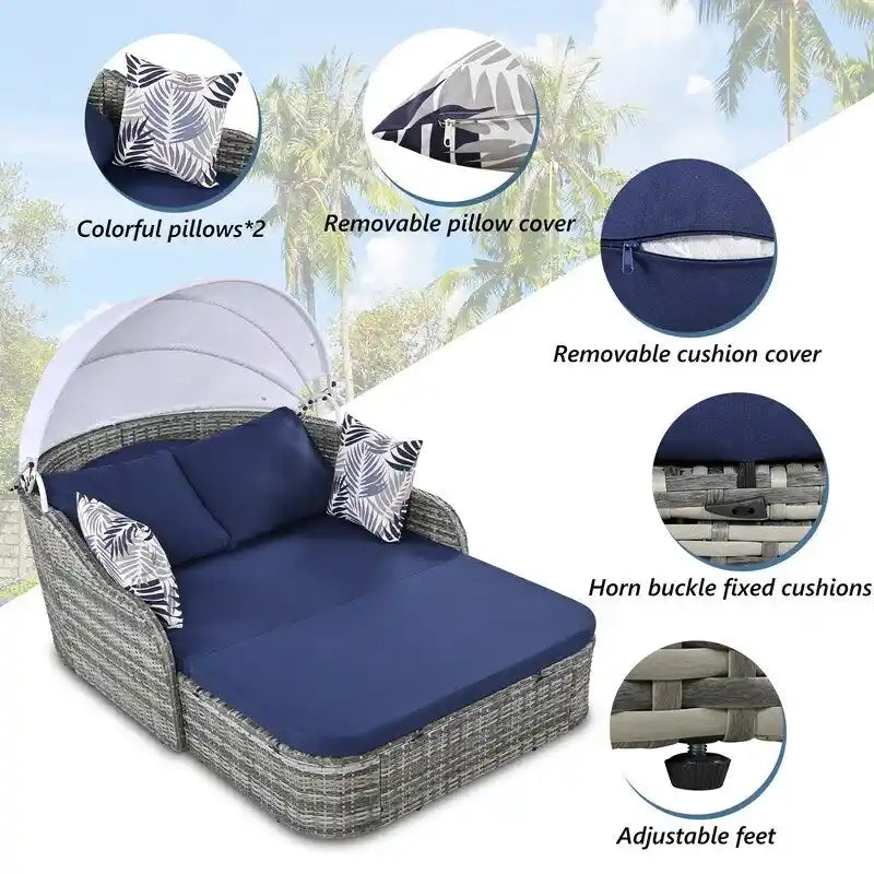 Bain de soleil double d'extérieur en rotin PE avec auvent réglable