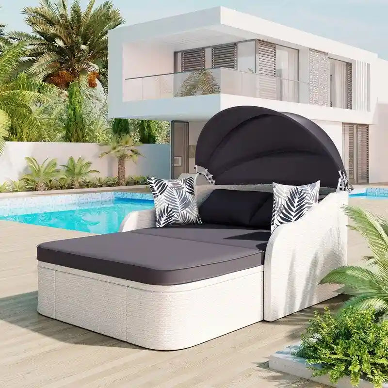 Bain de soleil double d'extérieur en rotin PE avec auvent réglable