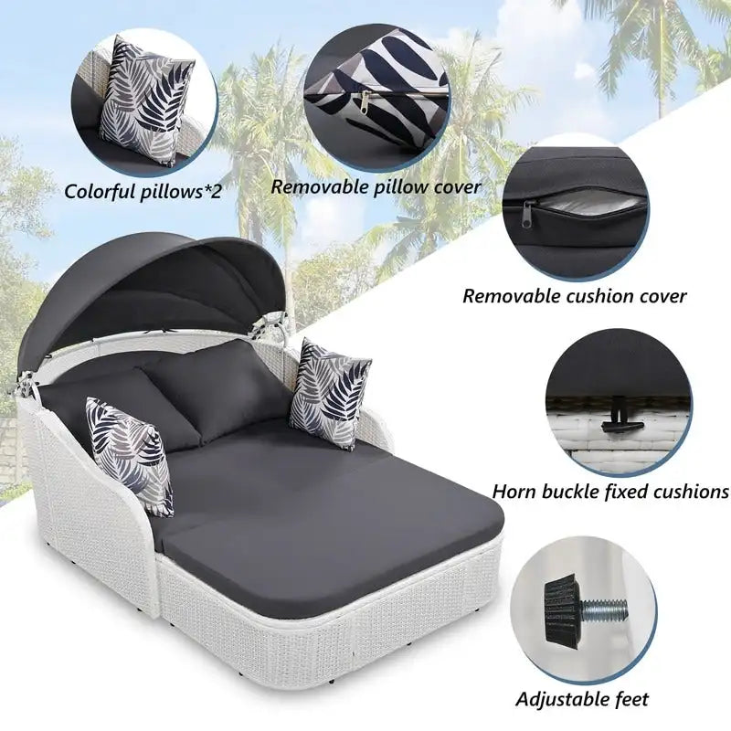 Bain de soleil double d'extérieur en rotin PE avec auvent réglable