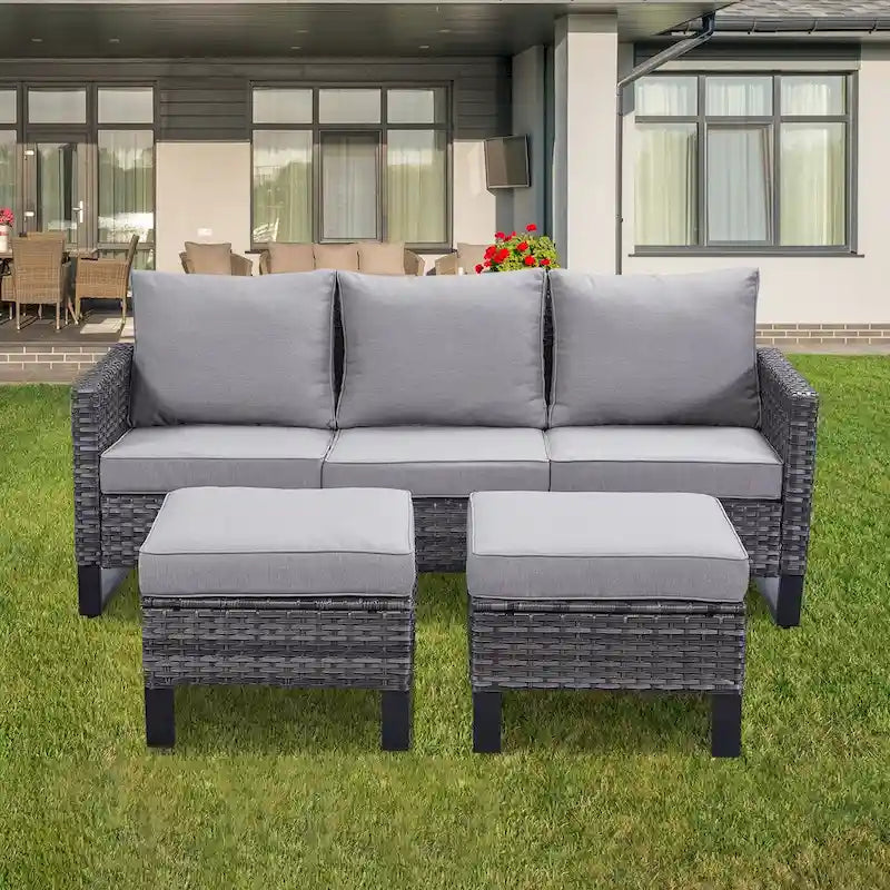Ensemble canapé d'angle d'extérieur en résine tressée Gymojoy avec poufs et coussins