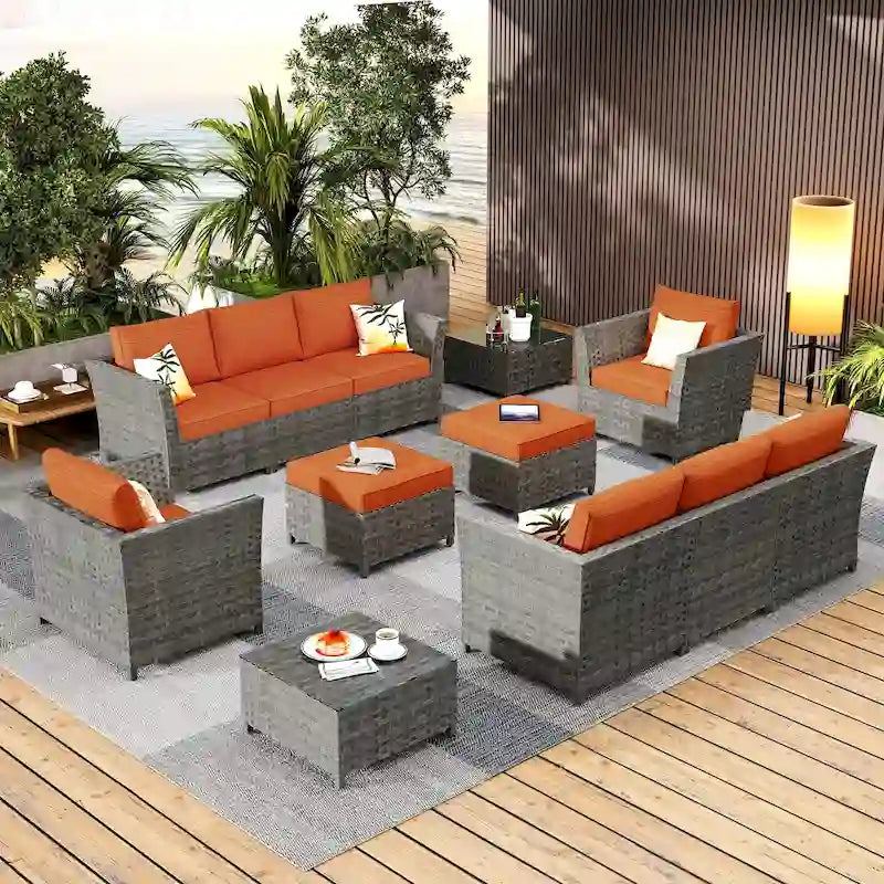 Ensemble de canapé d'angle d'extérieur en osier 12 pièces HOOOWOOO avec table basse