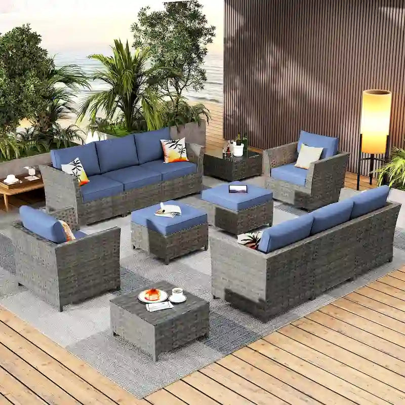 Ensemble de canapé d'angle d'extérieur en osier 12 pièces HOOOWOOO avec table basse