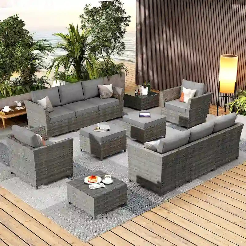 Ensemble de canapé d'angle d'extérieur en osier 12 pièces HOOOWOOO avec table basse