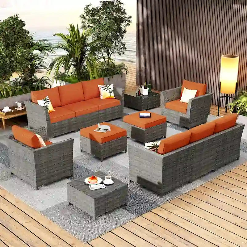 Ensemble de canapé d'angle d'extérieur en osier 12 pièces HOOOWOOO avec table basse