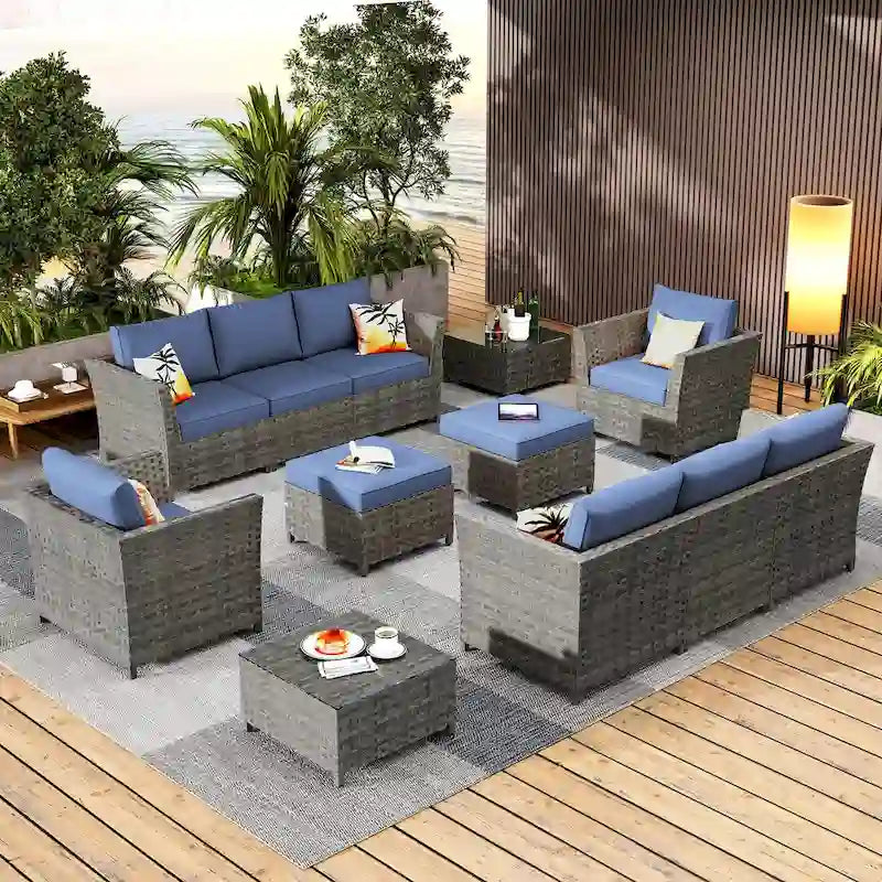 Ensemble de canapé d'angle d'extérieur en osier 12 pièces HOOOWOOO avec table basse