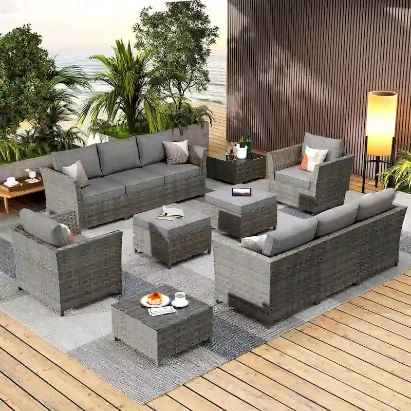 Ensemble de canapé d'angle d'extérieur en osier 12 pièces HOOOWOOO avec table basse