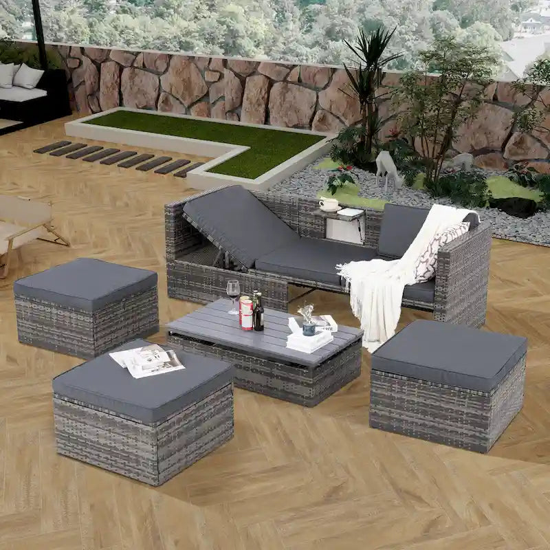 Ensemble de mobilier d'extérieur saisonnier 5 pièces en résine tressée PE avec table basse en contreplaqué et plateau relevable.