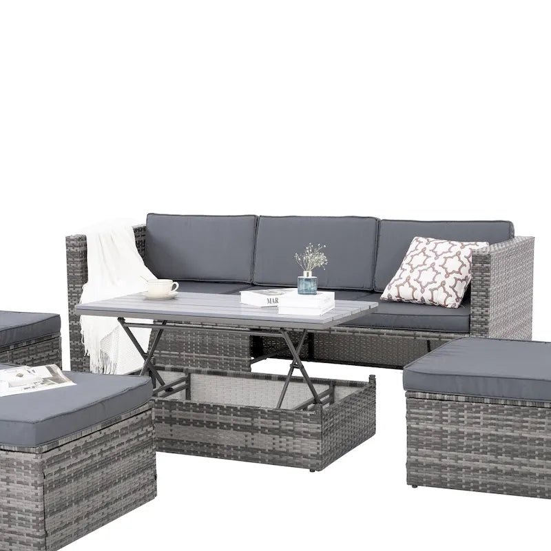 Ensemble de mobilier d'extérieur saisonnier 5 pièces en résine tressée PE avec table basse en contreplaqué et plateau relevable.