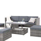 Ensemble de mobilier d'extérieur saisonnier 5 pièces en résine tressée PE avec table basse en contreplaqué et plateau relevable.