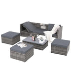 Ensemble de mobilier d'extérieur saisonnier 5 pièces en résine tressée PE avec table basse en contreplaqué et plateau relevable.