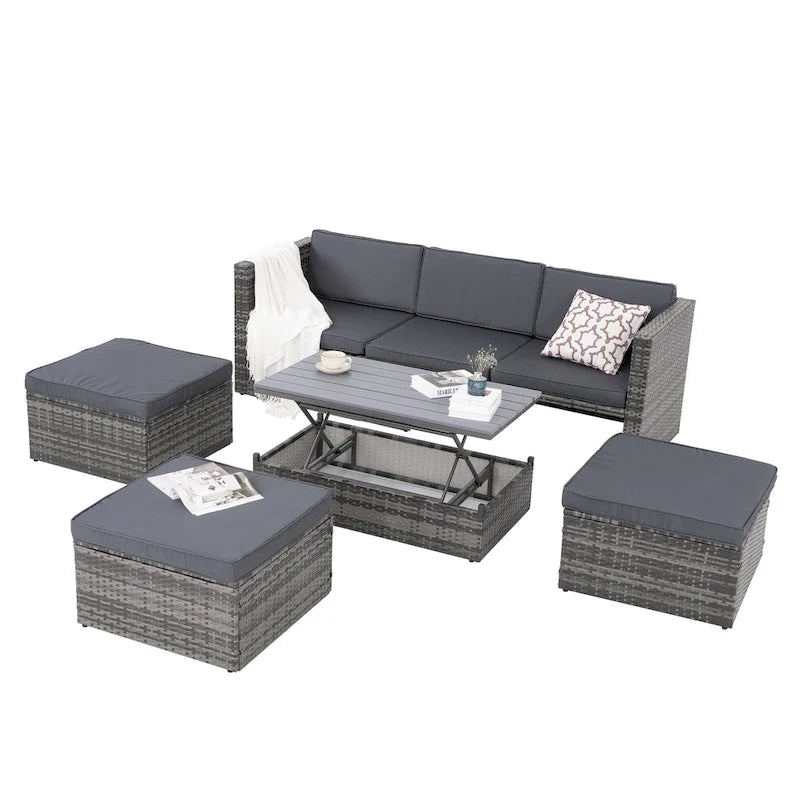 Ensemble de mobilier d'extérieur saisonnier 5 pièces en résine tressée PE avec table basse en contreplaqué et plateau relevable.