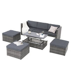 Ensemble de mobilier d'extérieur saisonnier 5 pièces en résine tressée PE avec table basse en contreplaqué et plateau relevable.