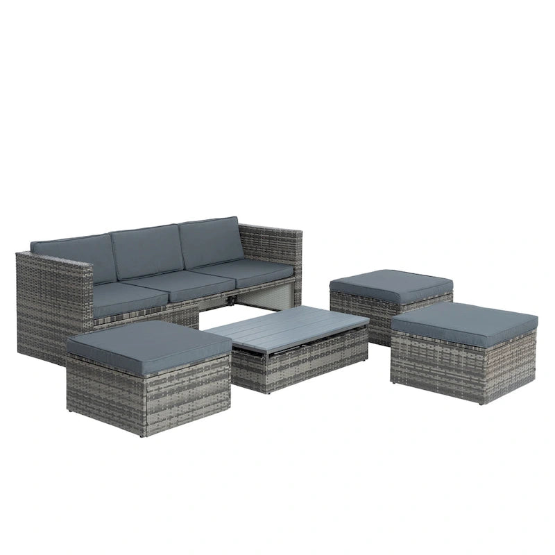 Ensemble de mobilier d'extérieur saisonnier 5 pièces en résine tressée PE avec table basse en contreplaqué et plateau relevable.
