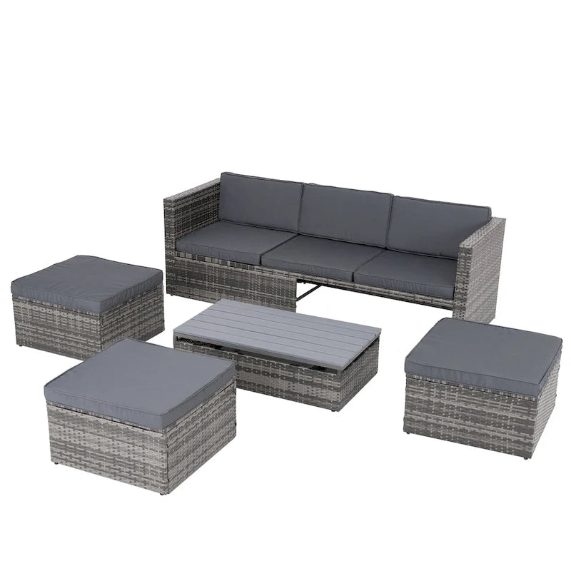 Ensemble de mobilier d'extérieur saisonnier 5 pièces en résine tressée PE avec table basse en contreplaqué et plateau relevable.