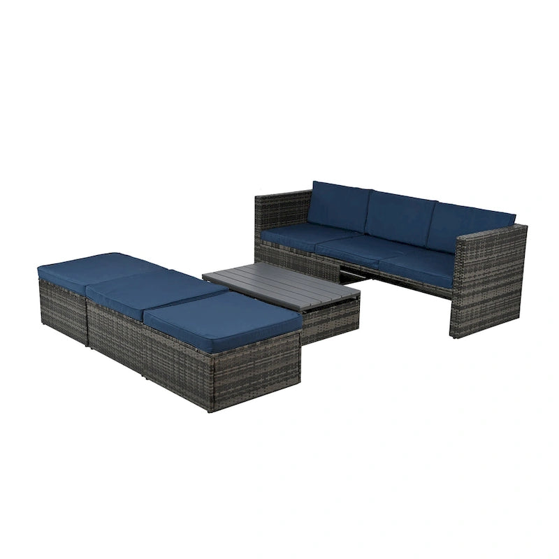 Ensemble de mobilier d'extérieur saisonnier 5 pièces en résine tressée PE avec table basse en contreplaqué et plateau relevable.