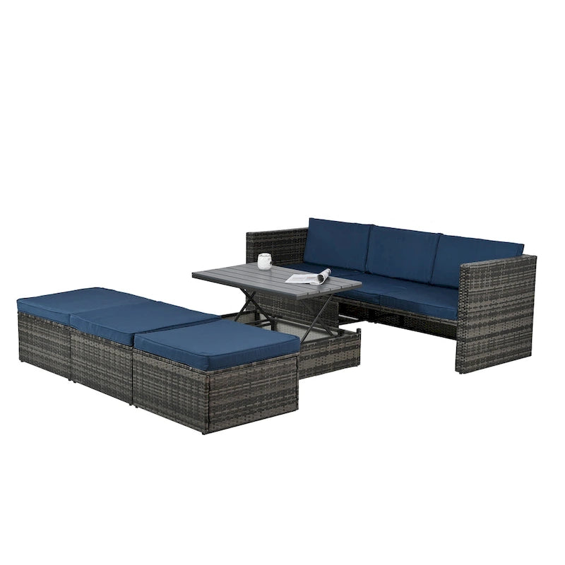 Ensemble de mobilier d'extérieur saisonnier 5 pièces en résine tressée PE avec table basse en contreplaqué et plateau relevable.
