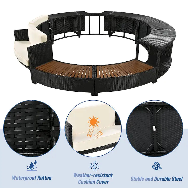 Ensemble de canapé de jardin en rotin avec structure de spa, rangements intégrés, mini-canapé et coussins confortables, beige.