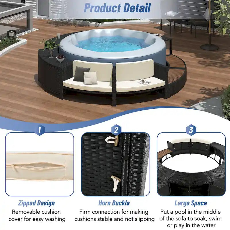 Ensemble de canapé de jardin en rotin avec structure de spa, rangements intégrés, mini-canapé et coussins confortables, beige.
