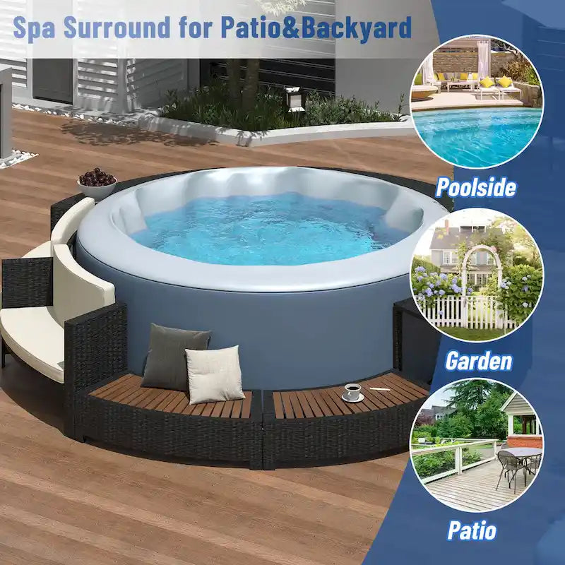 Ensemble de canapé de jardin en rotin avec structure de spa, rangements intégrés, mini-canapé et coussins confortables, beige.