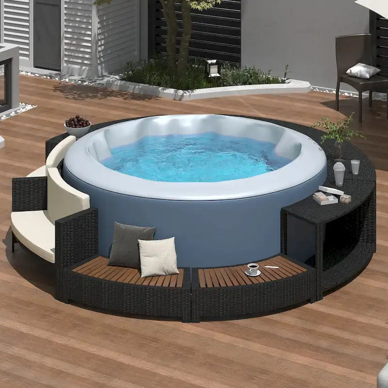 Ensemble de canapé de jardin en rotin avec structure de spa, rangements intégrés, mini-canapé et coussins confortables, beige.
