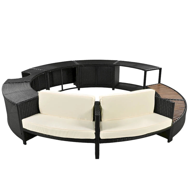 Ensemble de canapé de jardin en rotin avec structure de spa, rangements intégrés, mini-canapé et coussins confortables, beige.