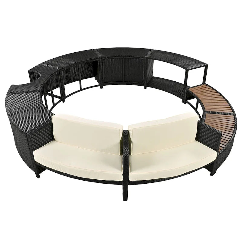 Ensemble de canapé de jardin en rotin avec structure de spa, rangements intégrés, mini-canapé et coussins confortables, beige.