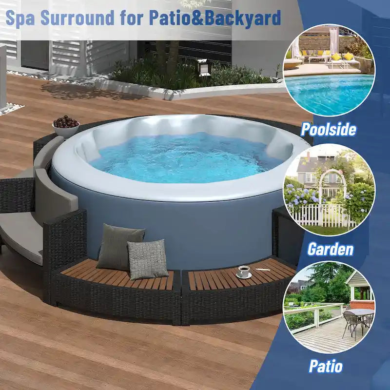 Ensemble de canapé de jardin en rotin avec structure de spa, rangements intégrés, mini-canapé et coussins confortables, beige.