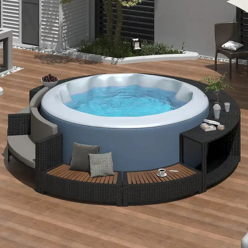 Ensemble de canapé de jardin en rotin avec structure de spa, rangements intégrés, mini-canapé et coussins confortables, beige.