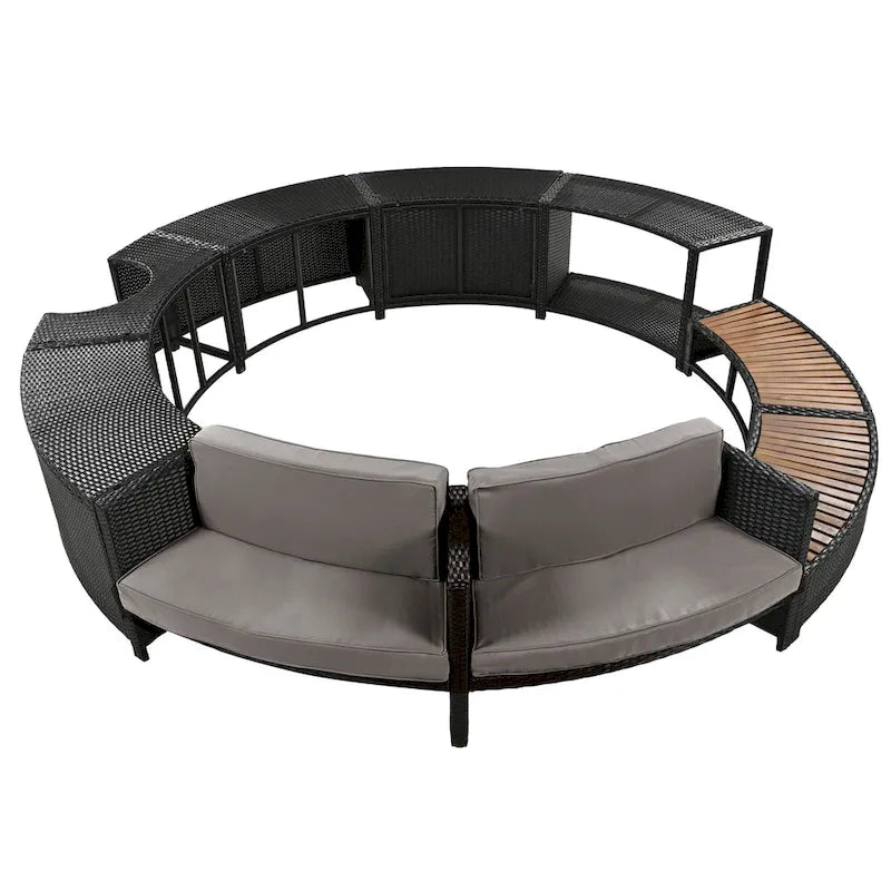 Ensemble de canapé de jardin en rotin avec structure de spa, rangements intégrés, mini-canapé et coussins confortables, beige.