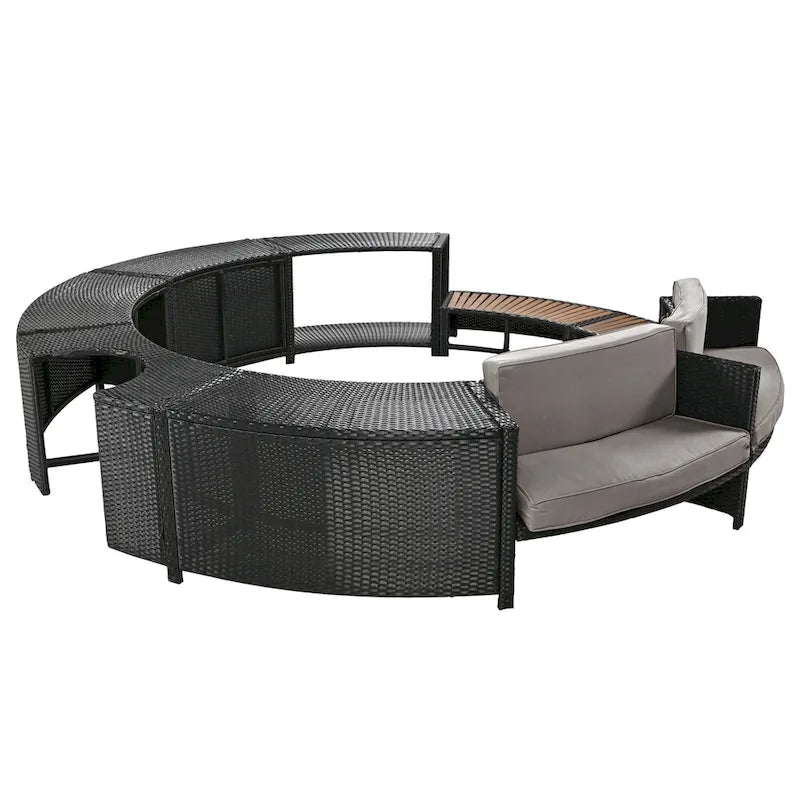Ensemble de canapé de jardin en rotin avec structure de spa, rangements intégrés, mini-canapé et coussins confortables, beige.