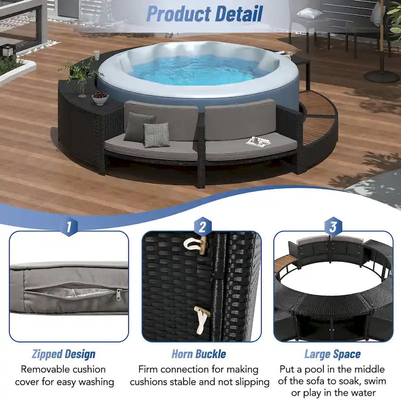 Ensemble de canapé de jardin en rotin avec structure de spa, rangements intégrés, mini-canapé et coussins confortables, beige.