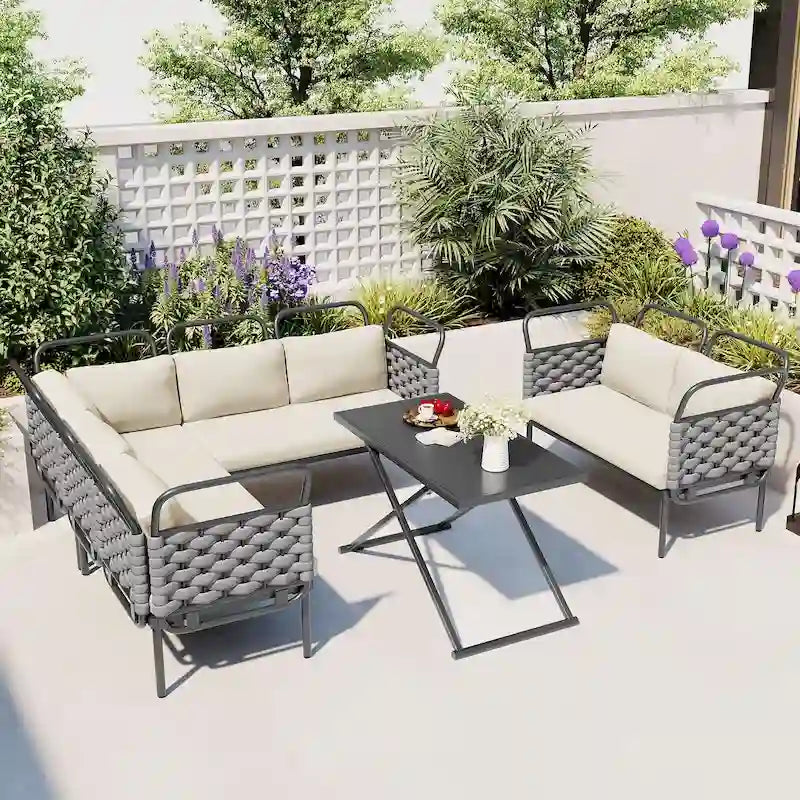 Ensemble de canapé d'angle moderne 5 pièces pour patio, mobilier d'extérieur en corde tressée avec table en verre et coussins