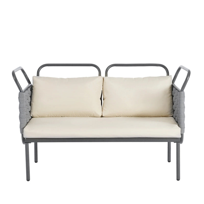 Ensemble de canapé d'angle moderne 5 pièces pour patio, mobilier d'extérieur en corde tressée avec table en verre et coussins