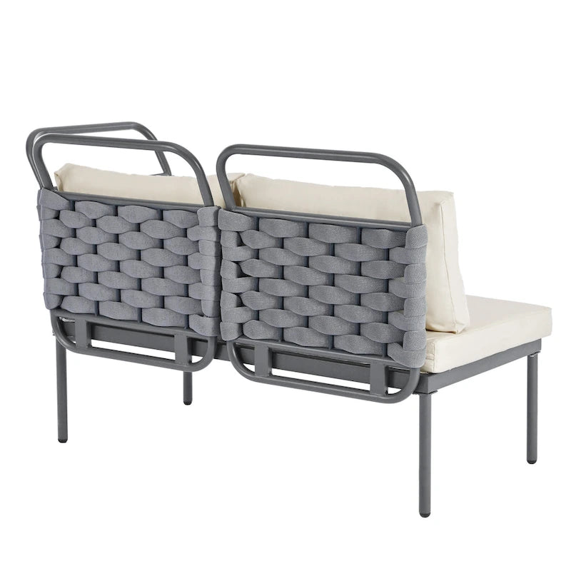 Ensemble de canapé d'angle moderne 5 pièces pour patio, mobilier d'extérieur en corde tressée avec table en verre et coussins