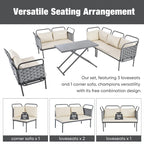 Ensemble de canapé d'angle moderne 5 pièces pour patio, mobilier d'extérieur en corde tressée avec table en verre et coussins