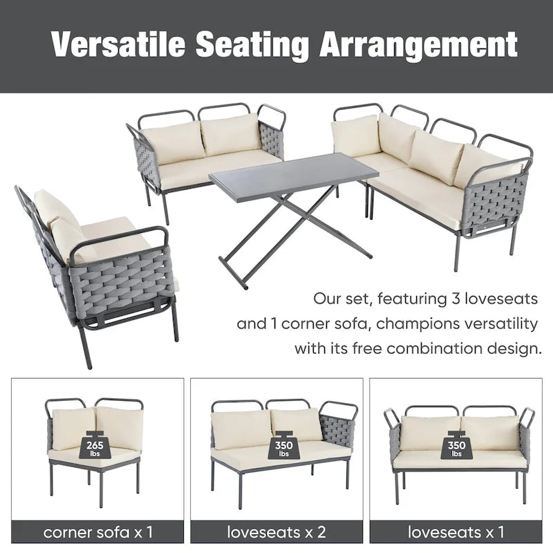 Ensemble de canapé d'angle moderne 5 pièces pour patio, mobilier d'extérieur en corde tressée avec table en verre et coussins