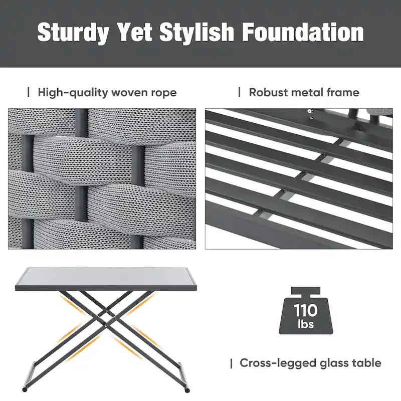 Ensemble de canapé d'angle moderne 5 pièces pour patio, mobilier d'extérieur en corde tressée avec table en verre et coussins