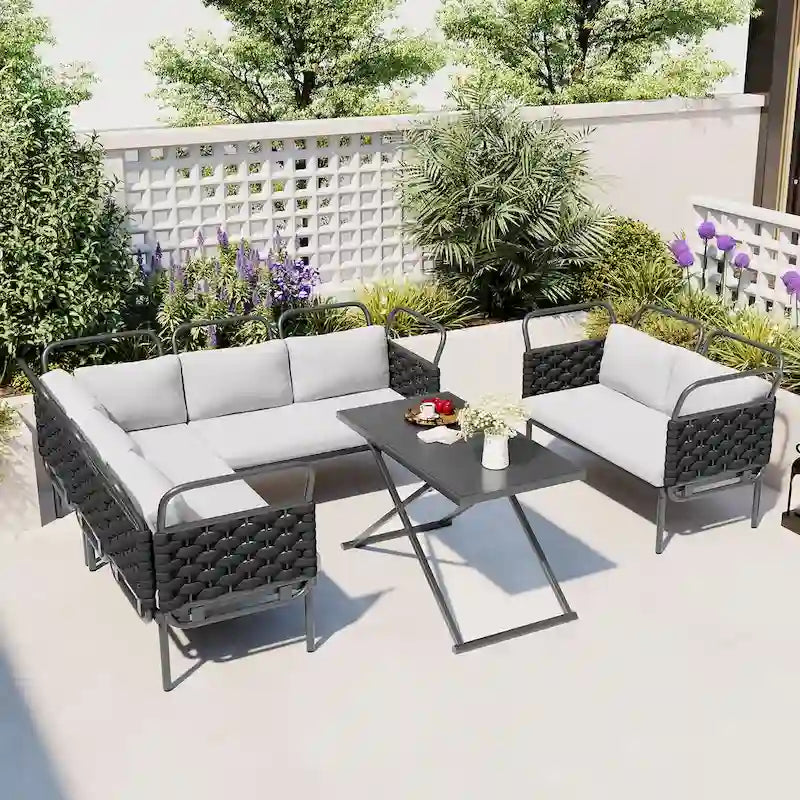 Ensemble de canapé d'angle moderne 5 pièces pour patio, mobilier d'extérieur en corde tressée avec table en verre et coussins