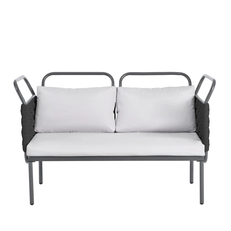 Ensemble de canapé d'angle moderne 5 pièces pour patio, mobilier d'extérieur en corde tressée avec table en verre et coussins